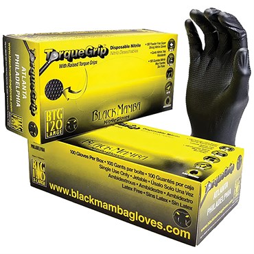 Black Mamba TorqueGrip™ Disposable Nitrile Gloves - 100ct Box - Black - Large - 7mil Thick - Raised TorqueGrip™ Finish - Powder-Free