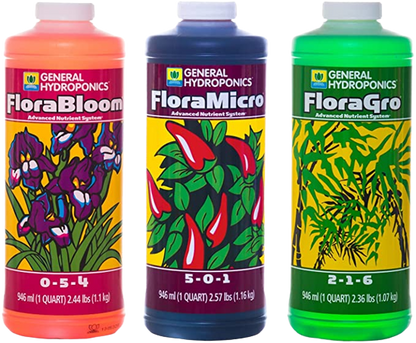 General Hydroponics Flora Series: FloraMicro, FloraBloom, FloraGro - 3-Part Hydroponic Nutrient System, 1 qt. Bottles - Green Valley Hydroponics